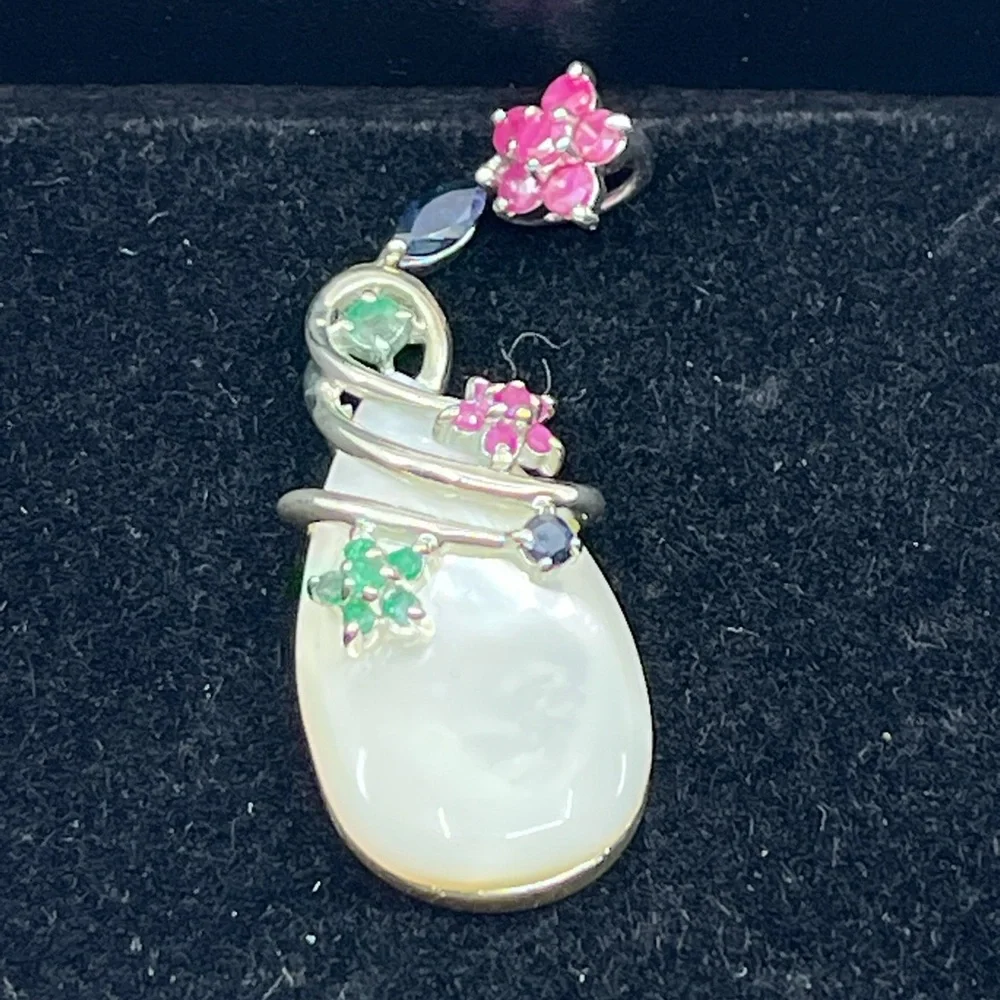 Vintage Sterling Silver Mother of Pearl & Gemstone Pendant
